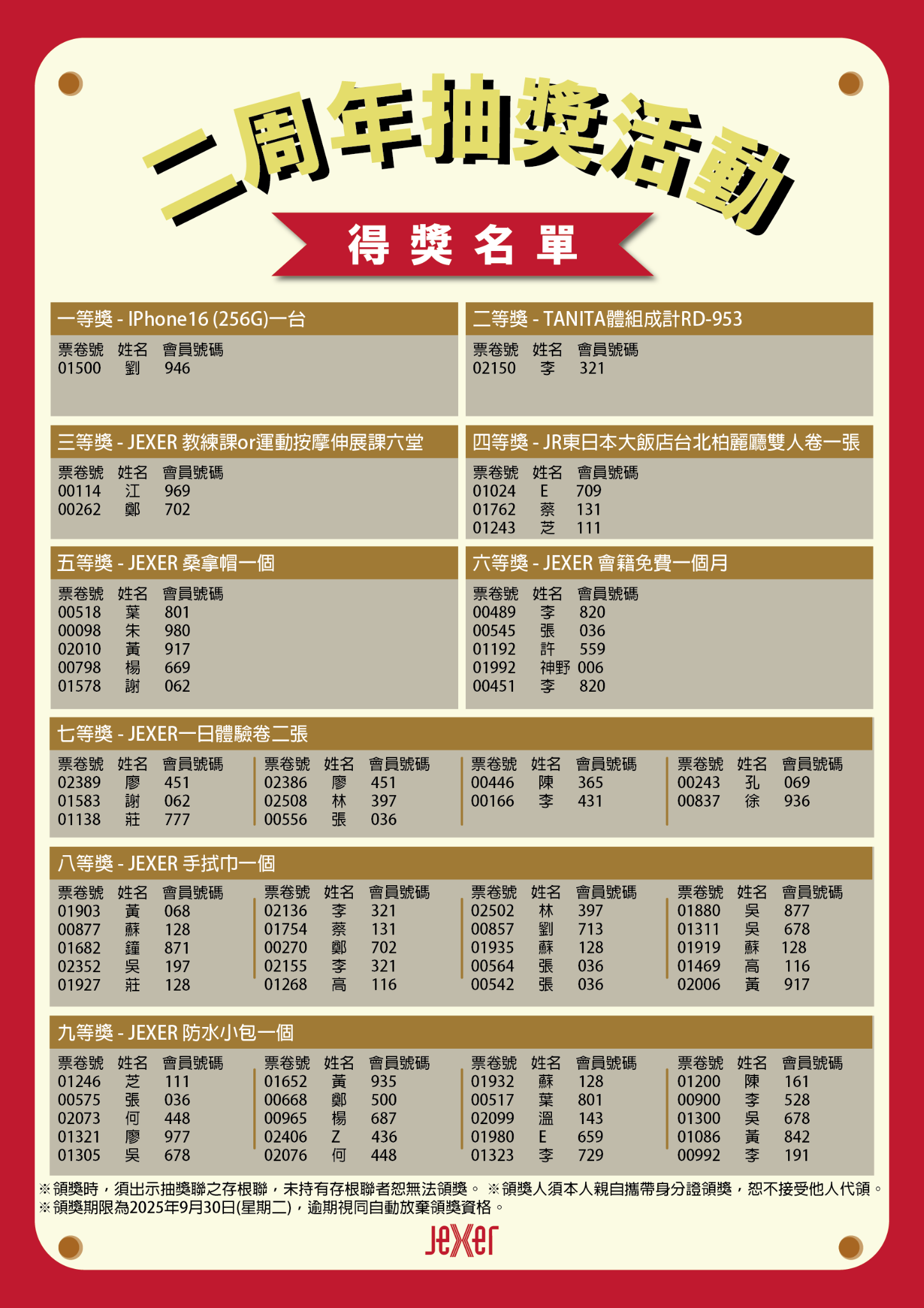 【場館資訊】- 二周年抽獎活動中獎名單